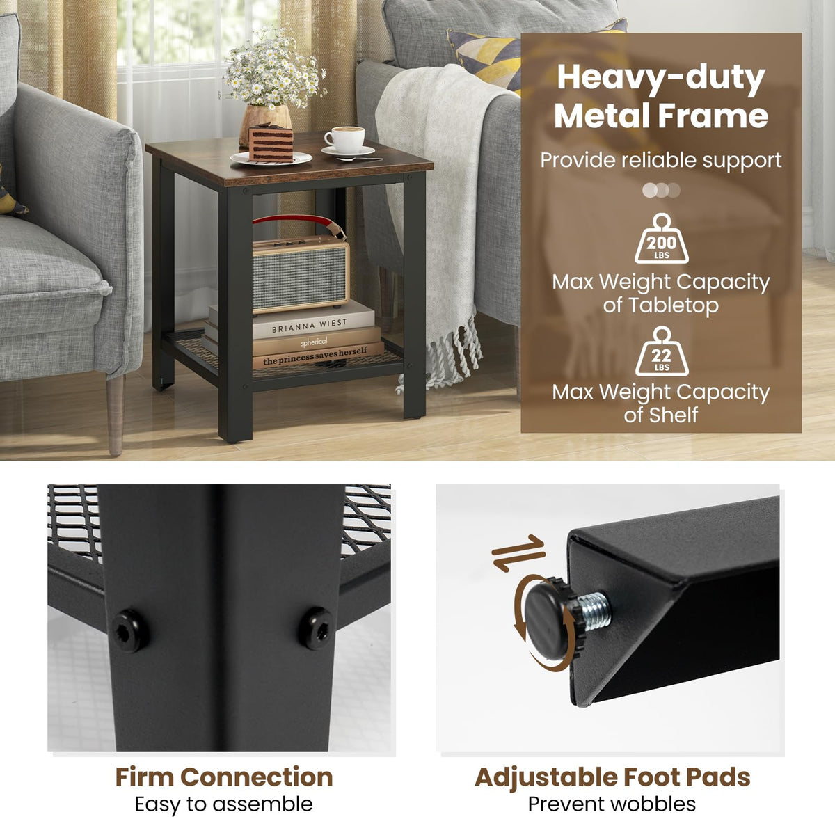 2-Tier End Table Set of 2, 16 Inch Side Table with Mesh Storage Shelf K1003