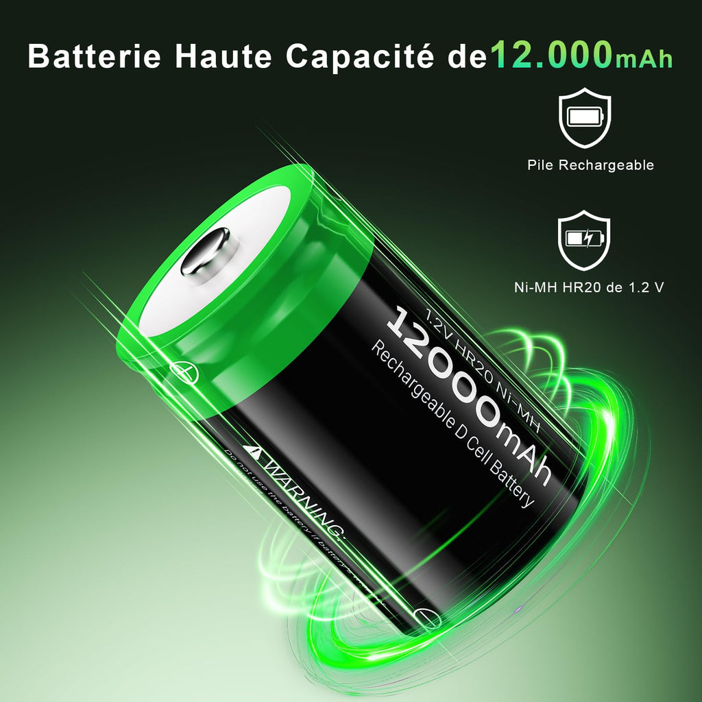 Rechargeable D Batteries, 12000mAh Ni-MH 1.2V 4-Pack V105204