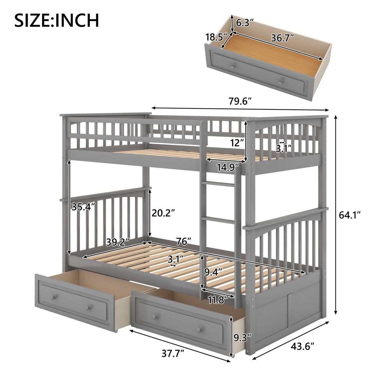Grey Convertible Wood Twin-Over-Twin Bunk Bed with Storage Drawers and Ladder J97625