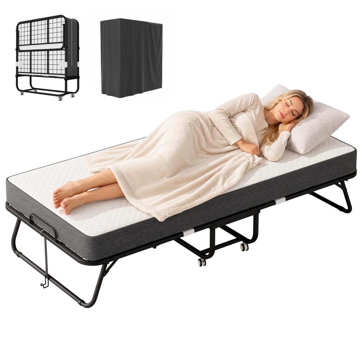 Foldable Single Bed with 5" Memory Foam Mattress and Wheels B64861