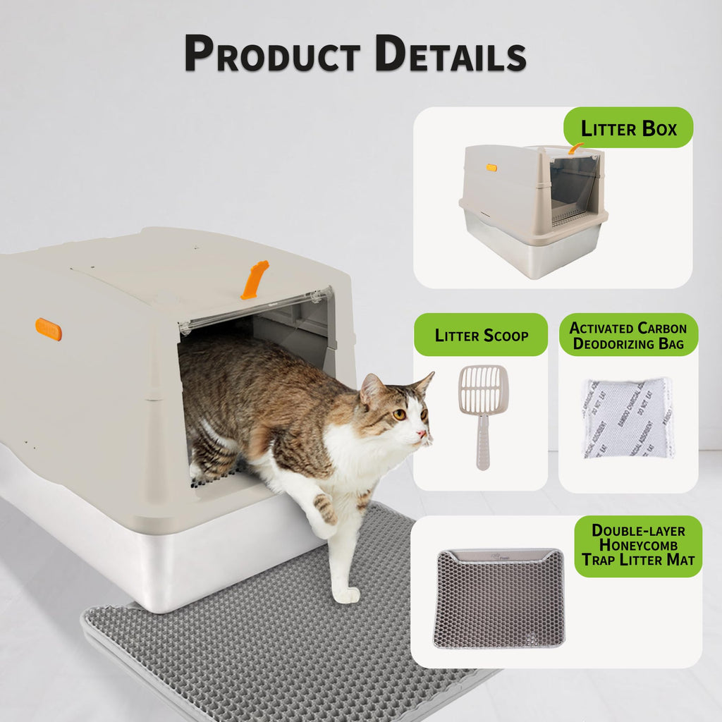 Large Stainless Steel Enclosed Cat Litter Box with Lid and Scoop D376