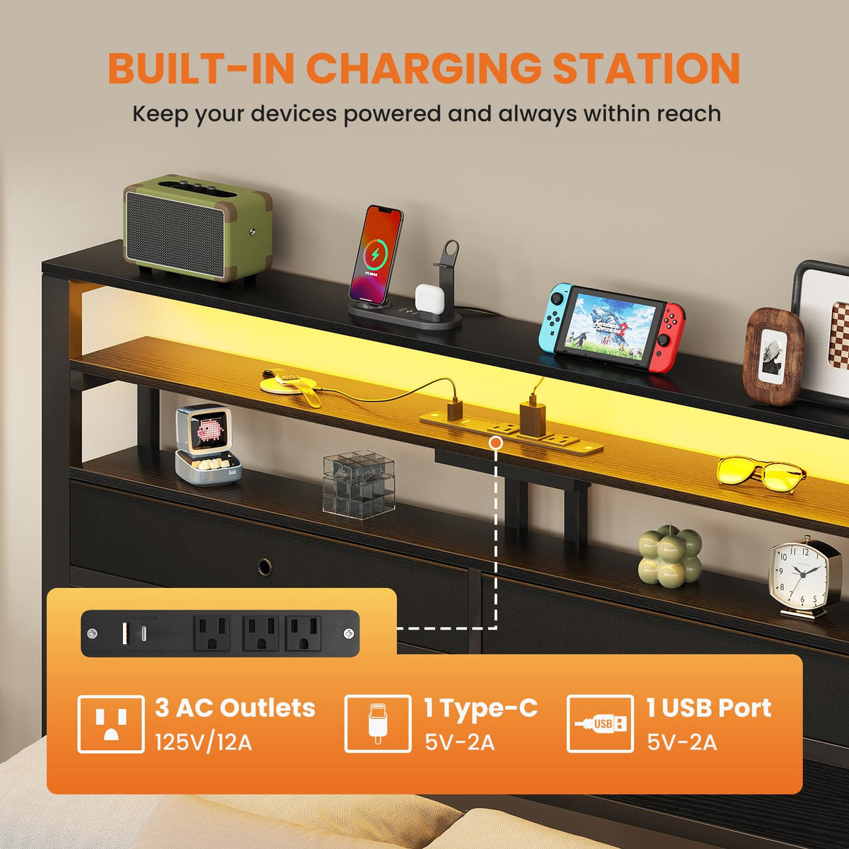 Queen Bed Frame with LED Lights and Charging Station E80209