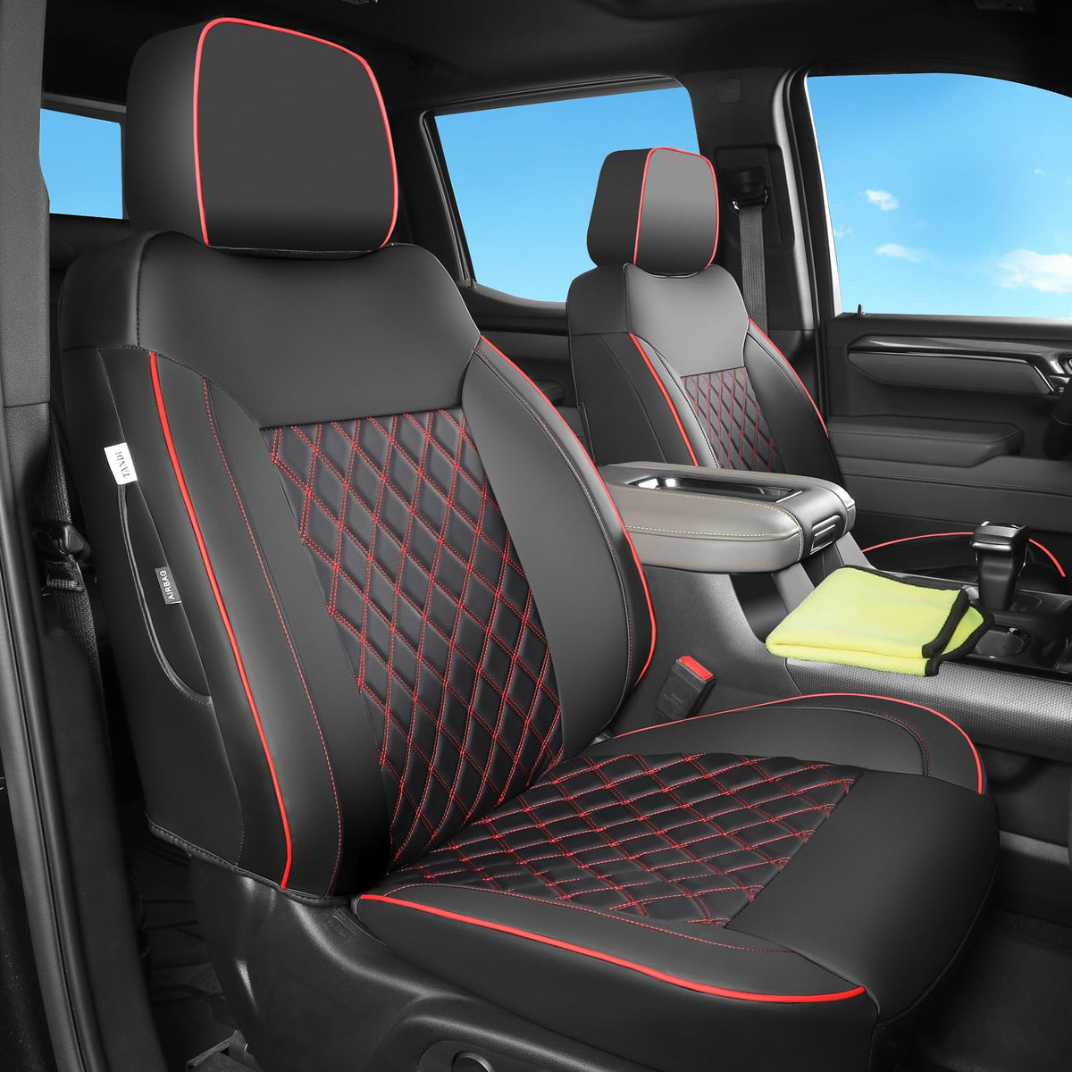 Faux Leather Seat Covers Full Set Black with Red Trim E69280