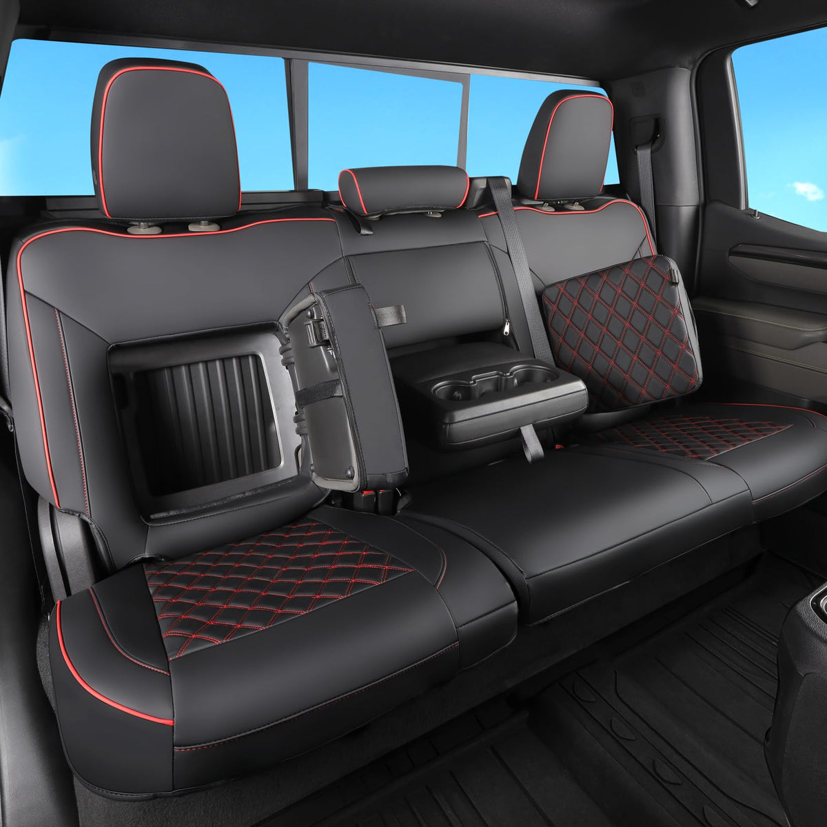 Faux Leather Seat Covers Full Set Black with Red Trim E69280