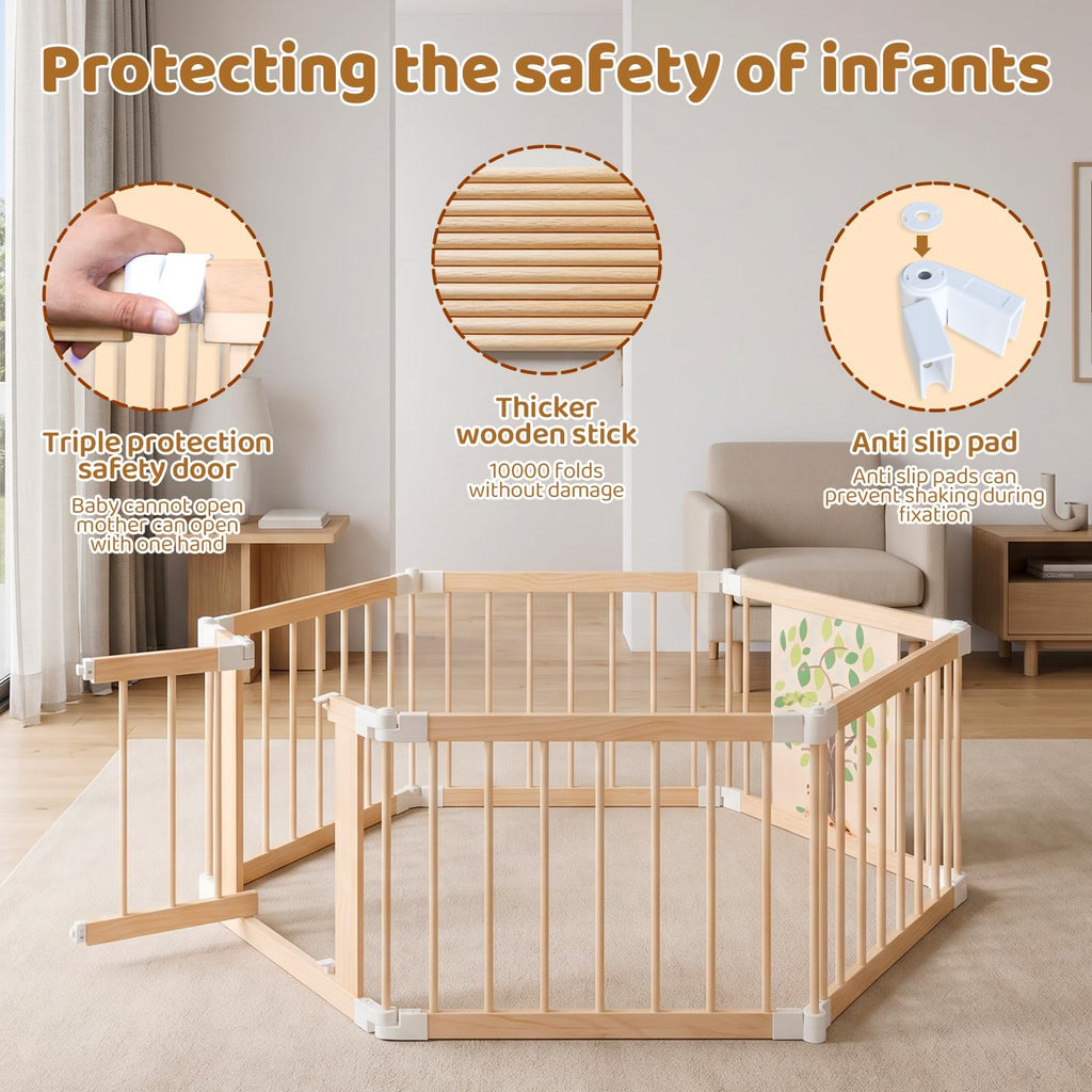 Foldable Wooden Baby Playpen with Adjustable Size and Shape B259024