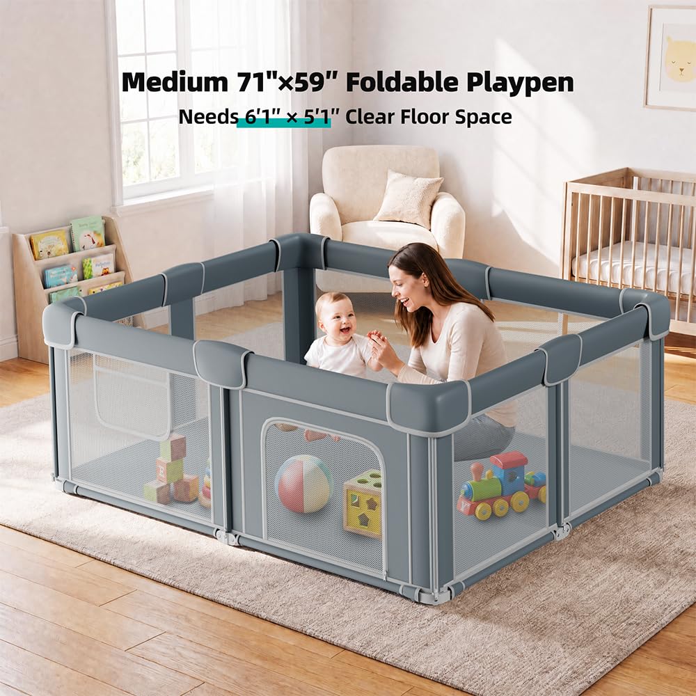 Foldable Baby Playpen with Mat, 71x59 Inches, Grey P77215