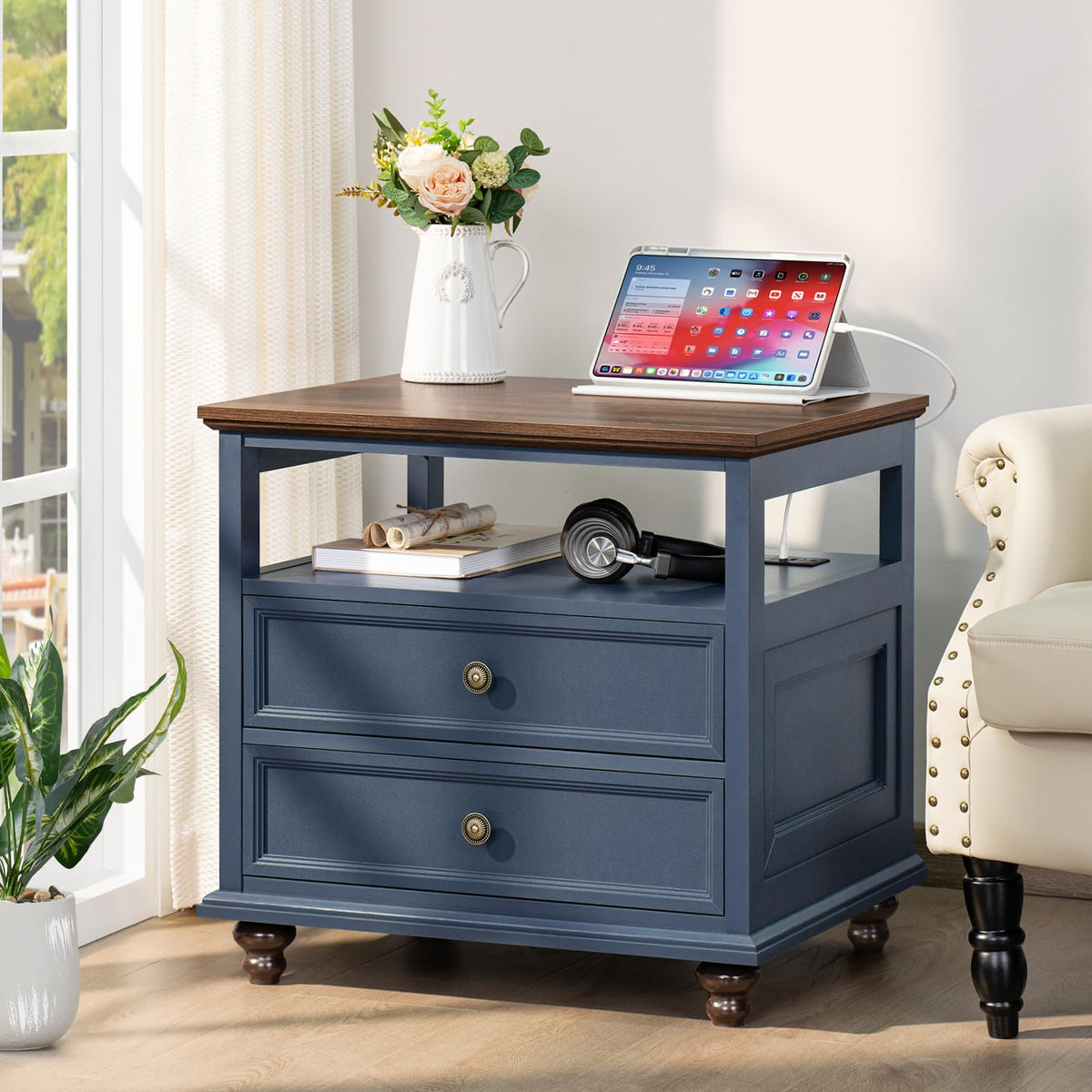 Blue 2 Drawer Wood Nightstand E45288