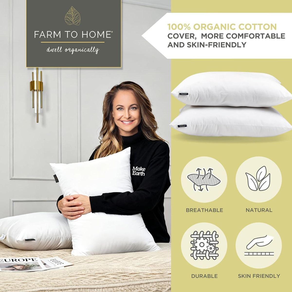 100% Organic Cotton Cover King Size Bed Pillows Set of 2 Y5073