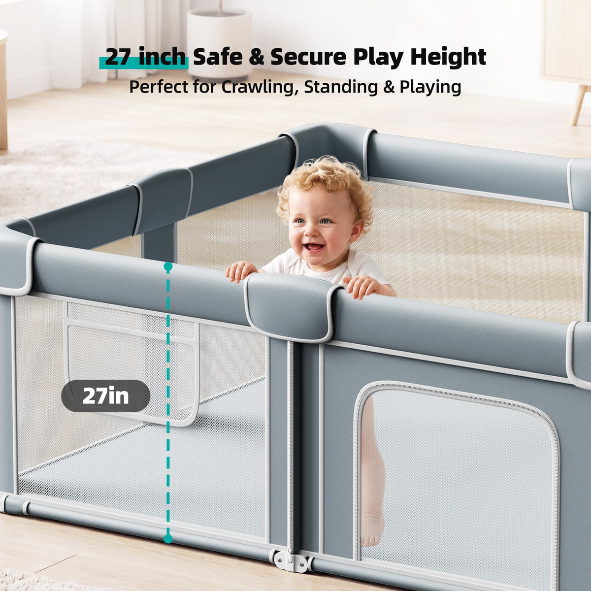 Foldable Baby Playpen with Mat, 71x59 Inches, Grey P77215