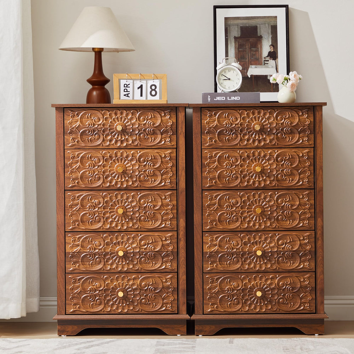 5 Drawer Narrow Wooden Dresser with Gold Handles Y593