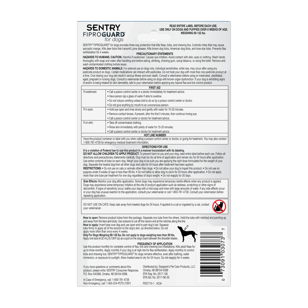 Flea & Tick Dogs 89-132 lbs Fipronil 6-Month Y5126