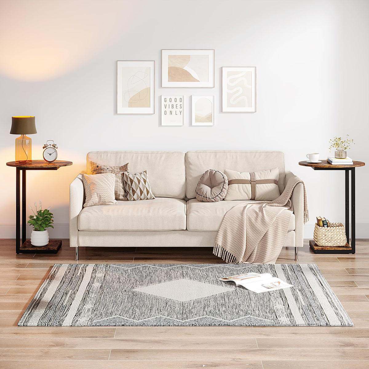 Small C-Shaped Wood Side Table Set of 2 with Metal Frame Z5769