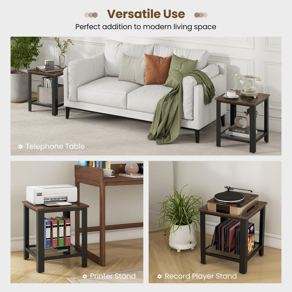 2-Tier End Table Set of 2, 16 Inch Side Table with Mesh Storage Shelf K1003