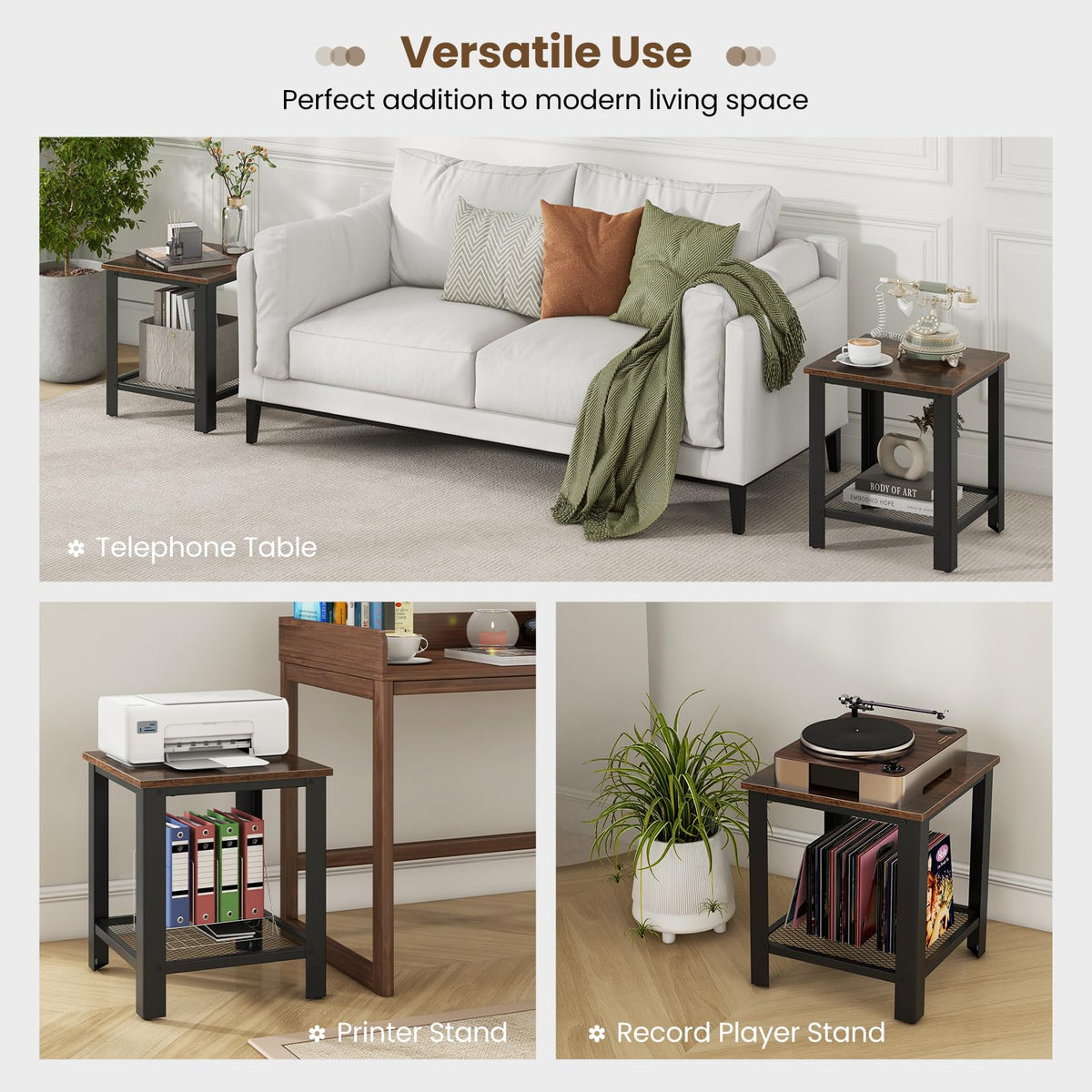 2-Tier End Table Set of 2, 16 Inch Side Table with Mesh Storage Shelf K1003