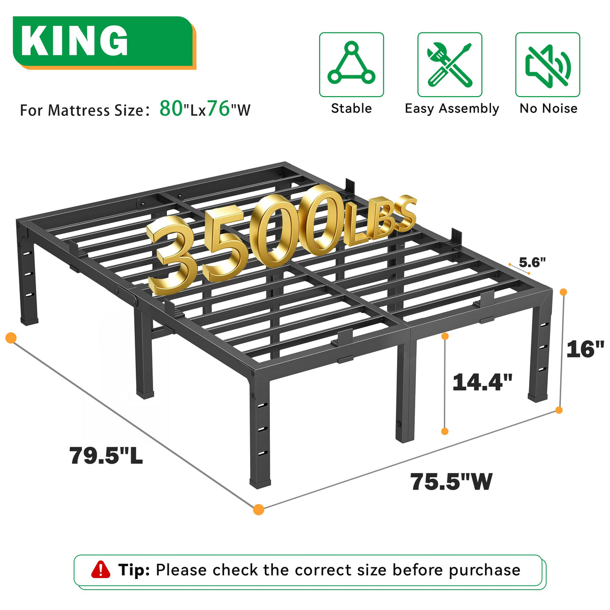 16 Inch King Size Black Metal Platform Bed Frame K2174