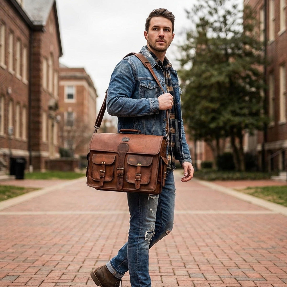 Vintage Brown Full Grain Leather Messenger Bag X479