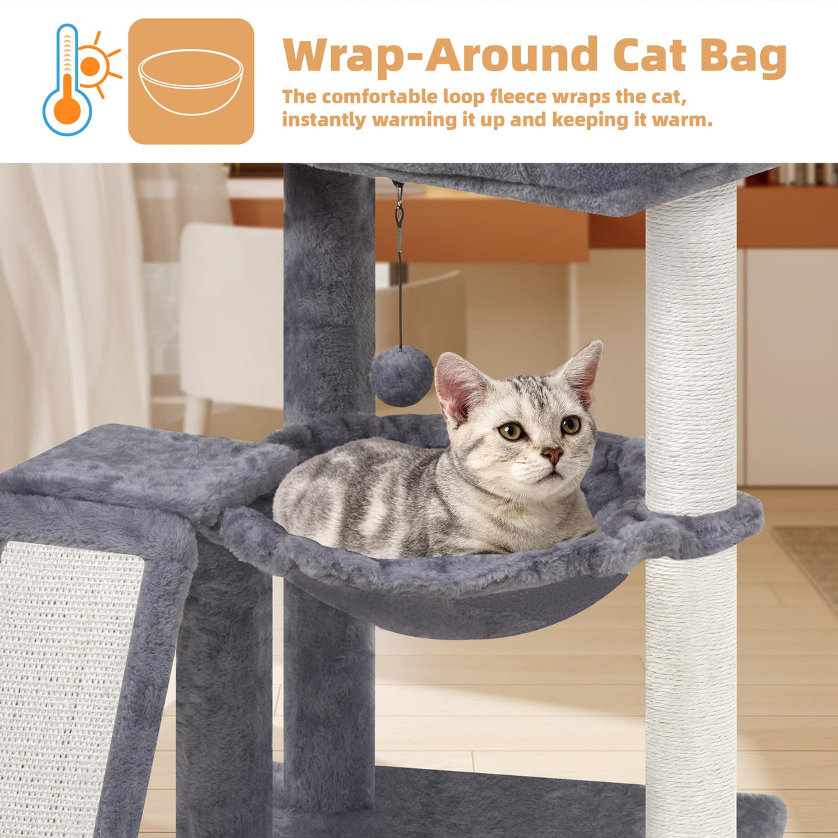 Cat Tree with Scratching Post and Hammock, Grey B6744