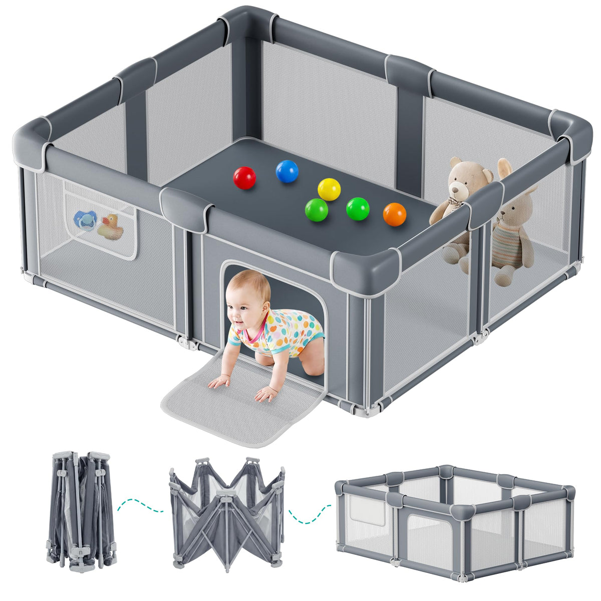 Foldable Baby Playpen with Mat, 71x59 Inches, Grey P77215