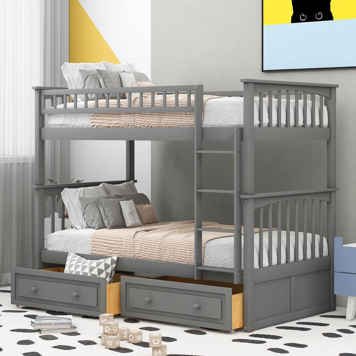 Grey Convertible Wood Twin-Over-Twin Bunk Bed with Storage Drawers and Ladder J97625