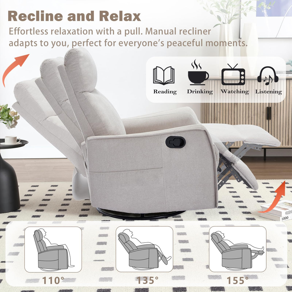Swivel Rocker Recliner Chair with Heated Massage K6083