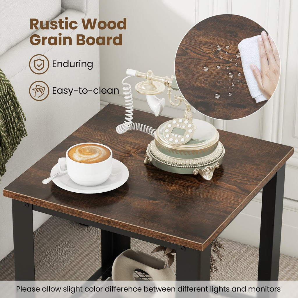 2-Tier End Table Set of 2, 16 Inch Side Table with Mesh Storage Shelf K1003