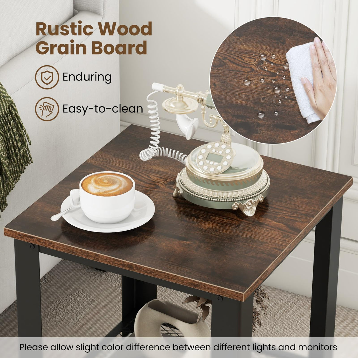 2-Tier End Table Set of 2, 16 Inch Side Table with Mesh Storage Shelf K1003