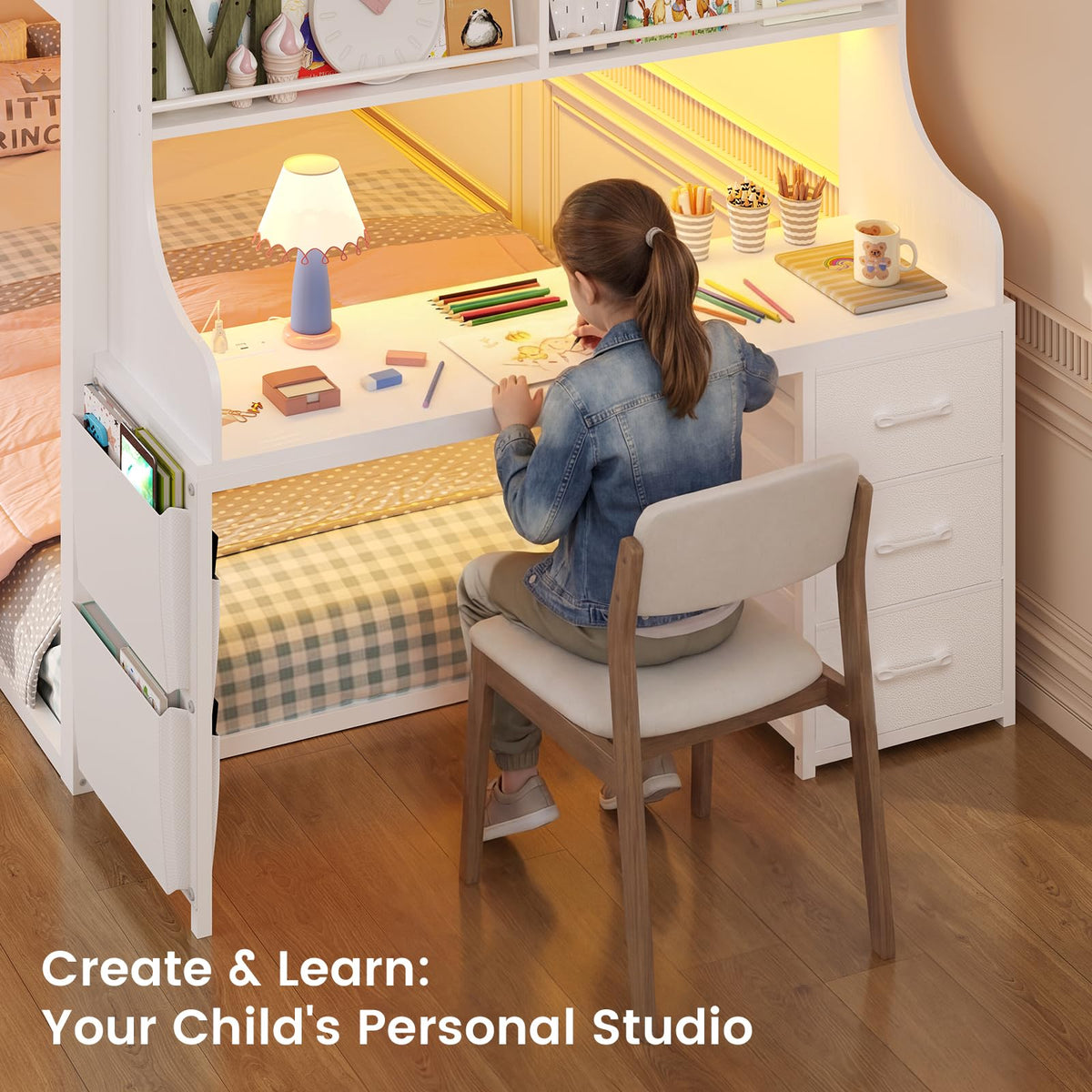 White Twin Over Twin Low Bunk Bed with Desk & 3 Storage Drawers O712099