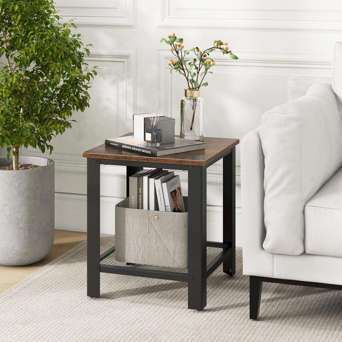 2-Tier End Table Set of 2, 16 Inch Side Table with Mesh Storage Shelf K1003
