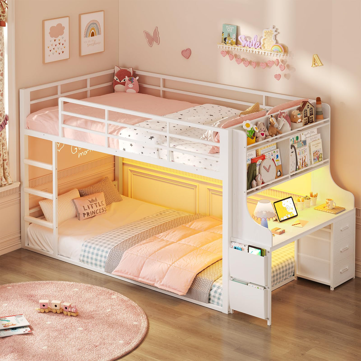 White Twin Over Twin Low Bunk Bed with Desk & 3 Storage Drawers O712099