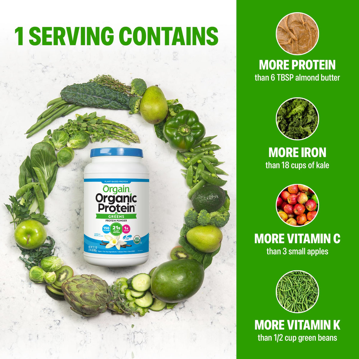 Organic Vegan Protein Powder + Greens Vanilla Bean 21g Plant Based Gluten Free Dairy Free 1.94lb W79567