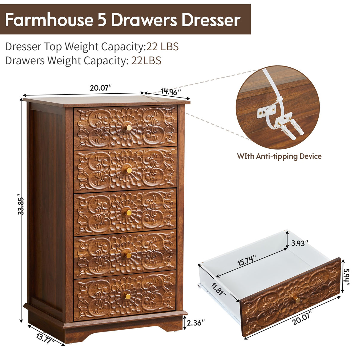 5 Drawer Narrow Wooden Dresser with Gold Handles Y593