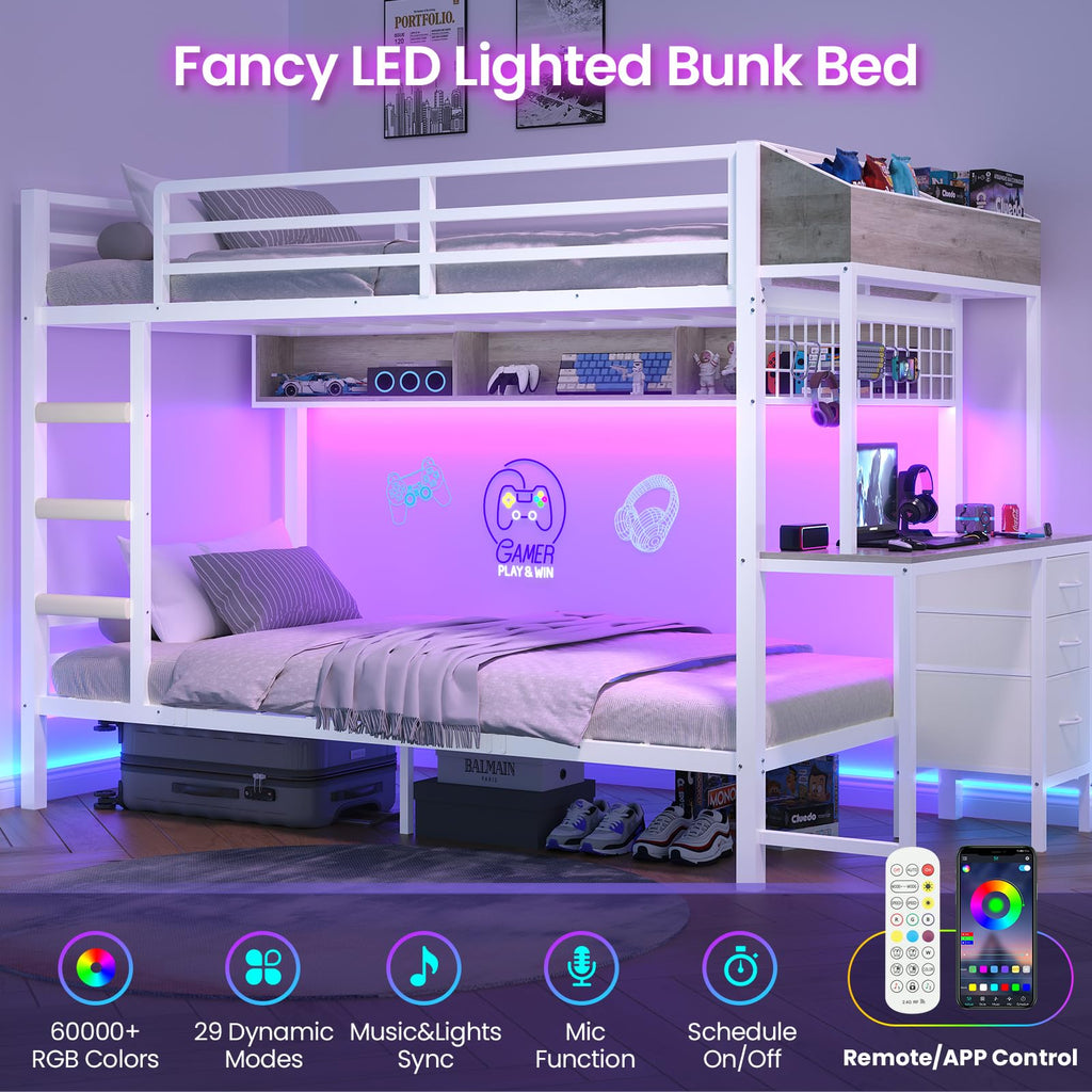 White Twin Over Twin Metal Bunk Bed with Desk and 3 Storage Drawers C971262