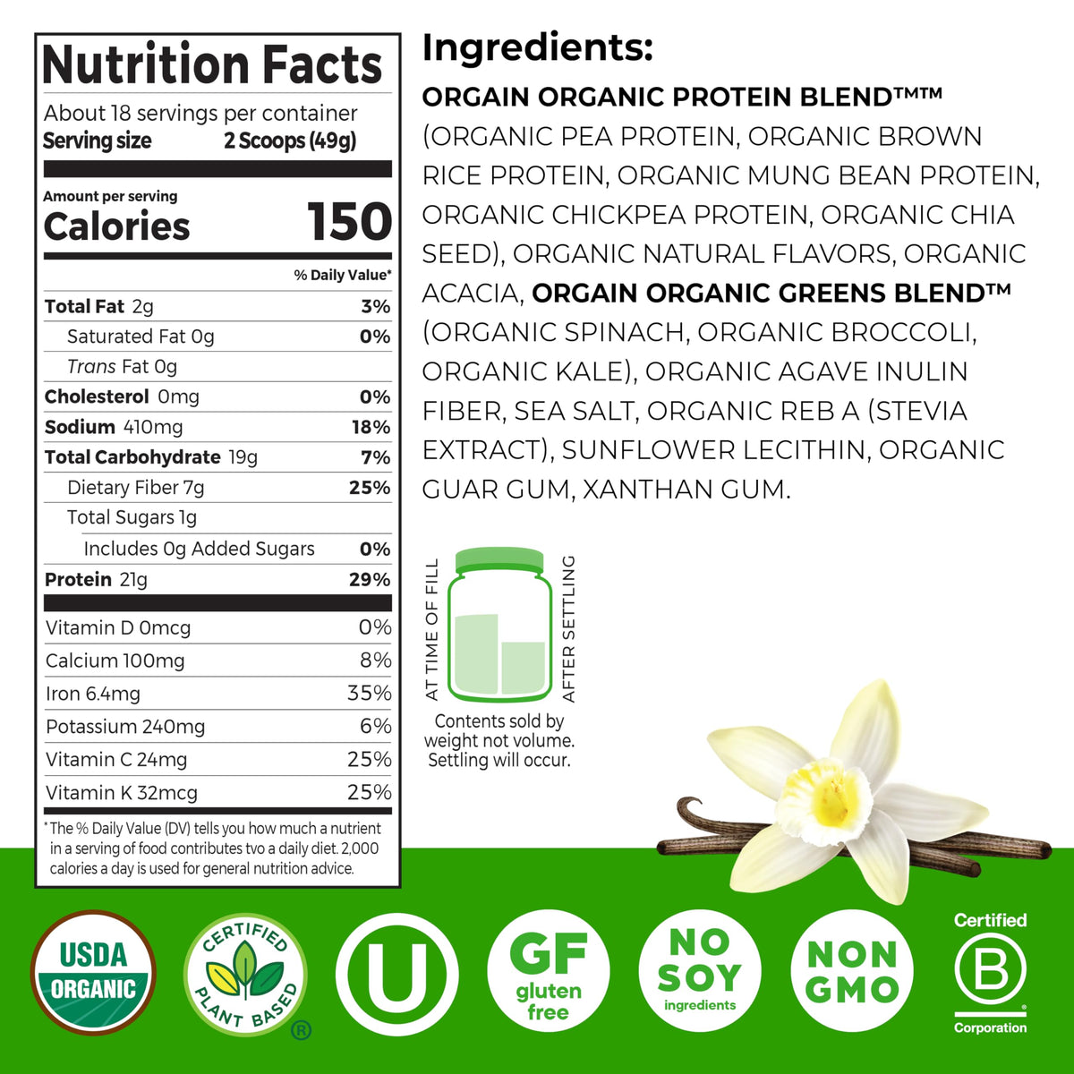 Organic Vegan Protein Powder + Greens Vanilla Bean 21g Plant Based Gluten Free Dairy Free 1.94lb W79567