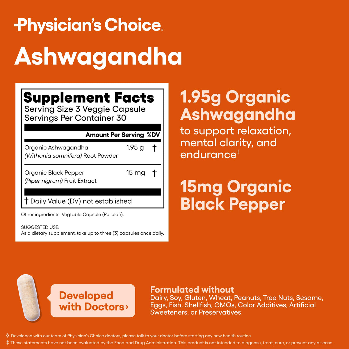 Organic Ashwagandha Root Powder 1950mg 90 Veggie Capsules Y6698