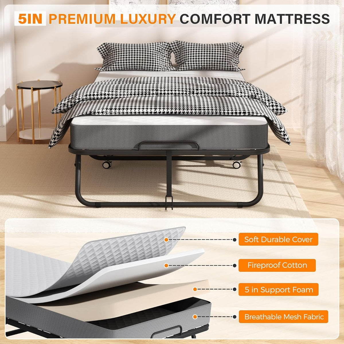 Foldable Single Bed with 5" Memory Foam Mattress and Wheels B64861