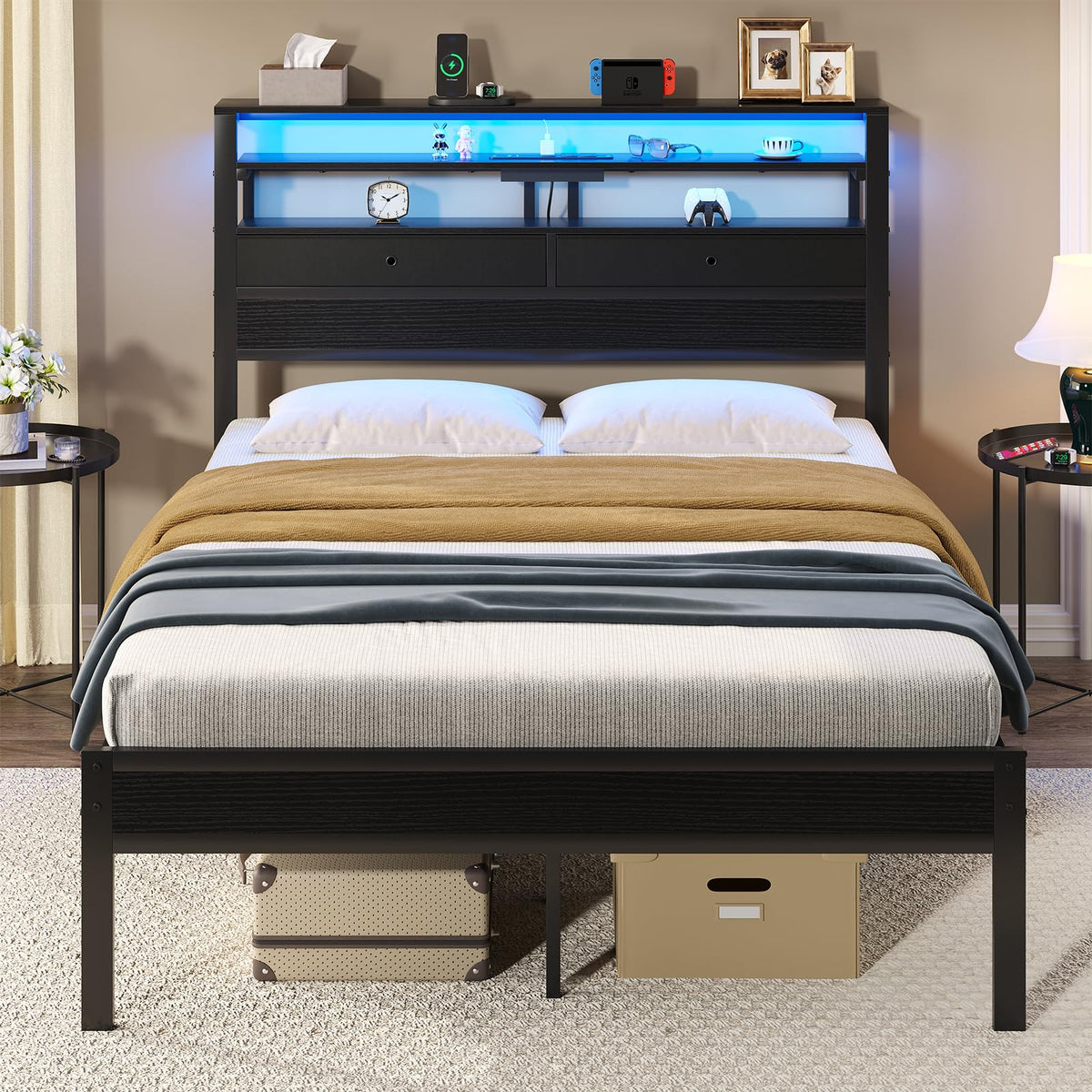 Queen Bed Frame with LED Lights and Charging Station E80209
