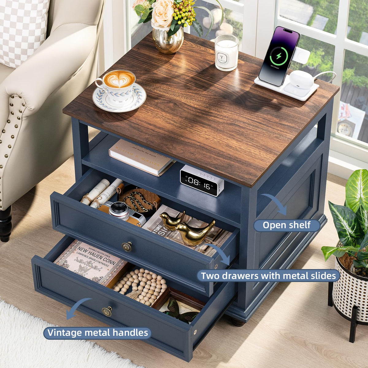 Blue 2 Drawer Wood Nightstand E45288