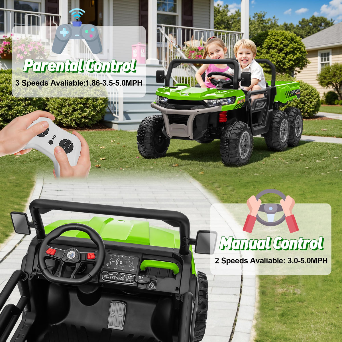 24V 2 Seater 4WD 6-Wheels Battery Powered Ride On Dump Truck T489