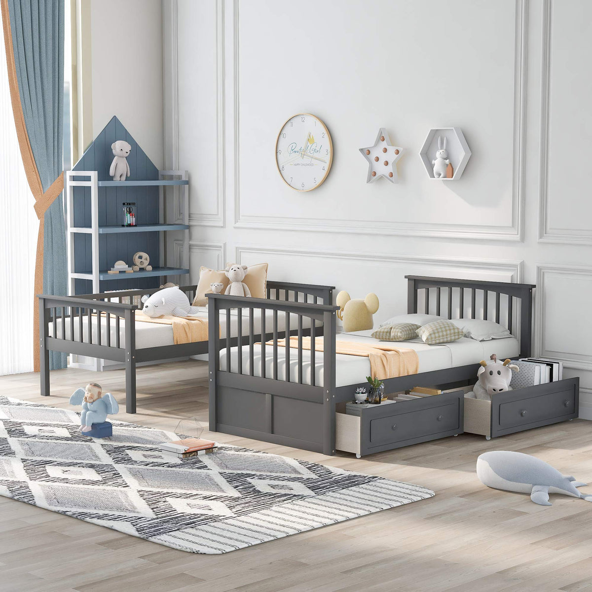 Grey Convertible Wood Twin-Over-Twin Bunk Bed with Storage Drawers and Ladder J97625