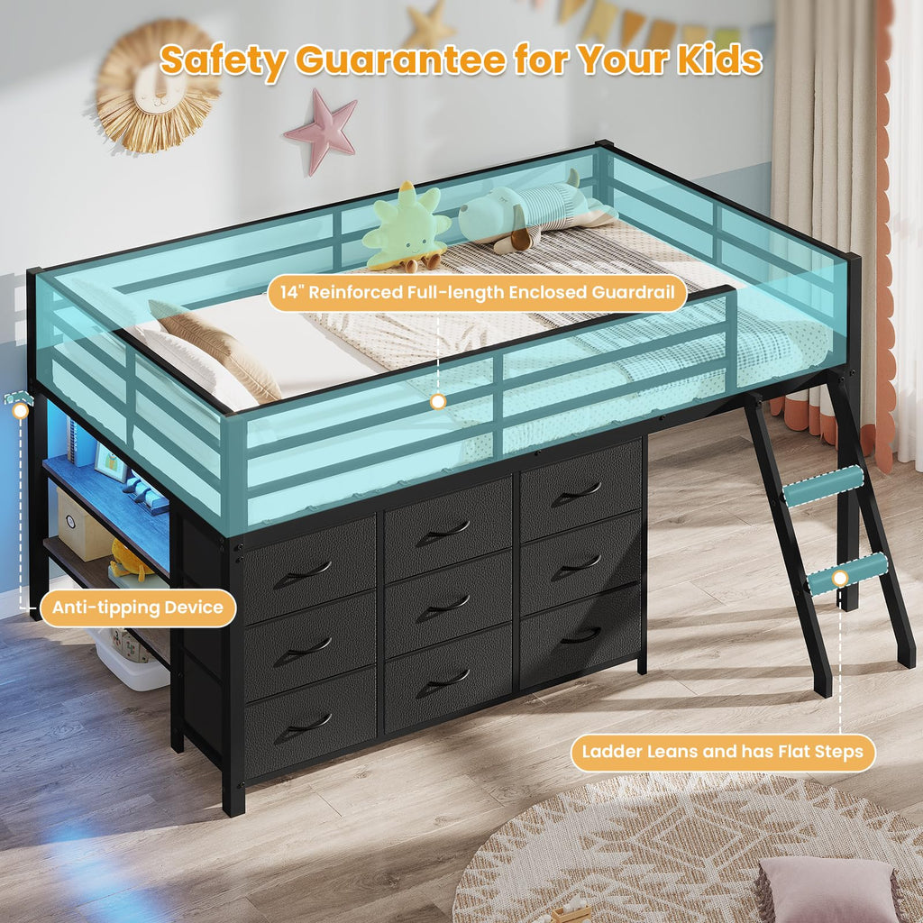 Twin Size Loft Bed with 9 Storage Drawers Z660135