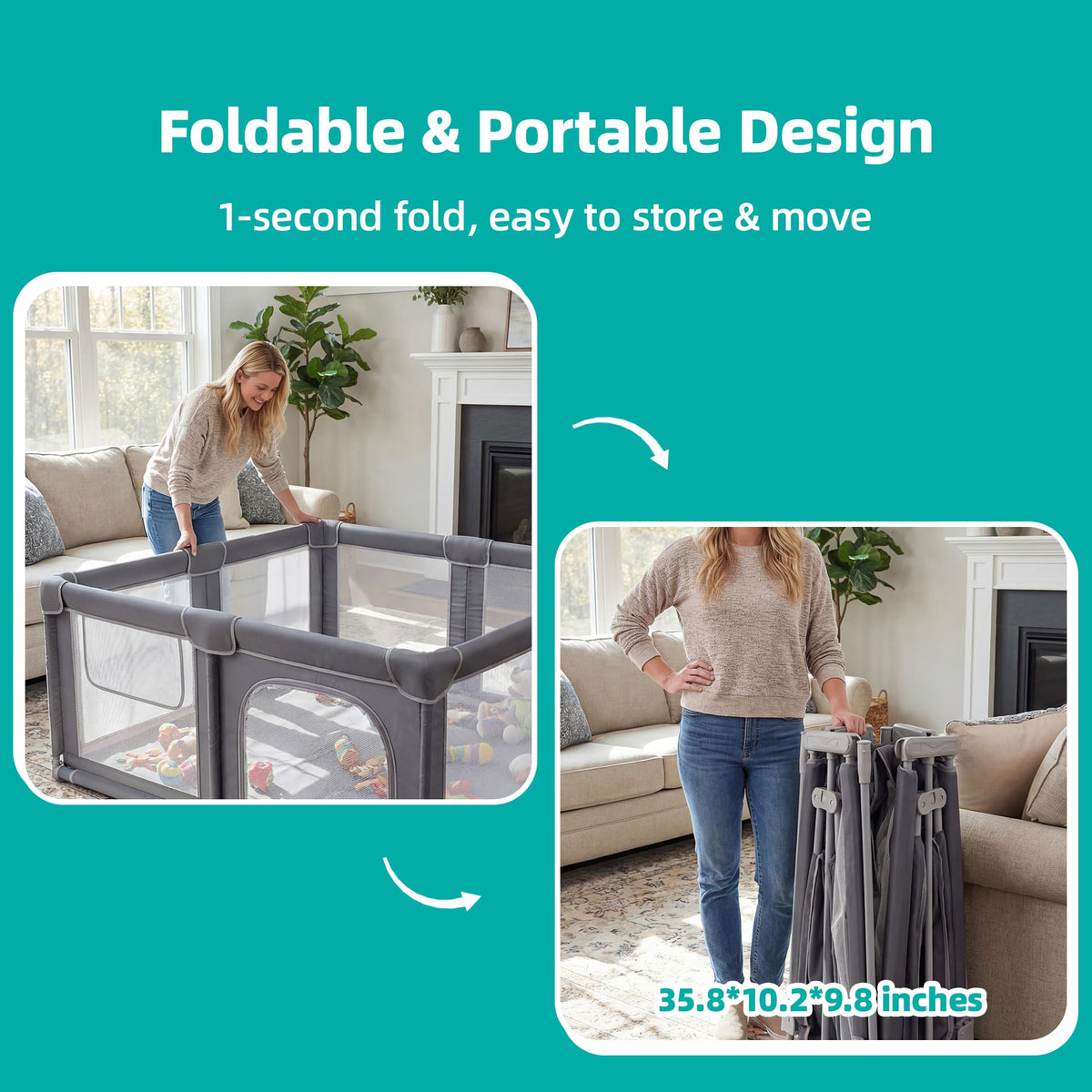 Foldable Baby Playpen with Mat, 71x59 Inches, Grey P77215