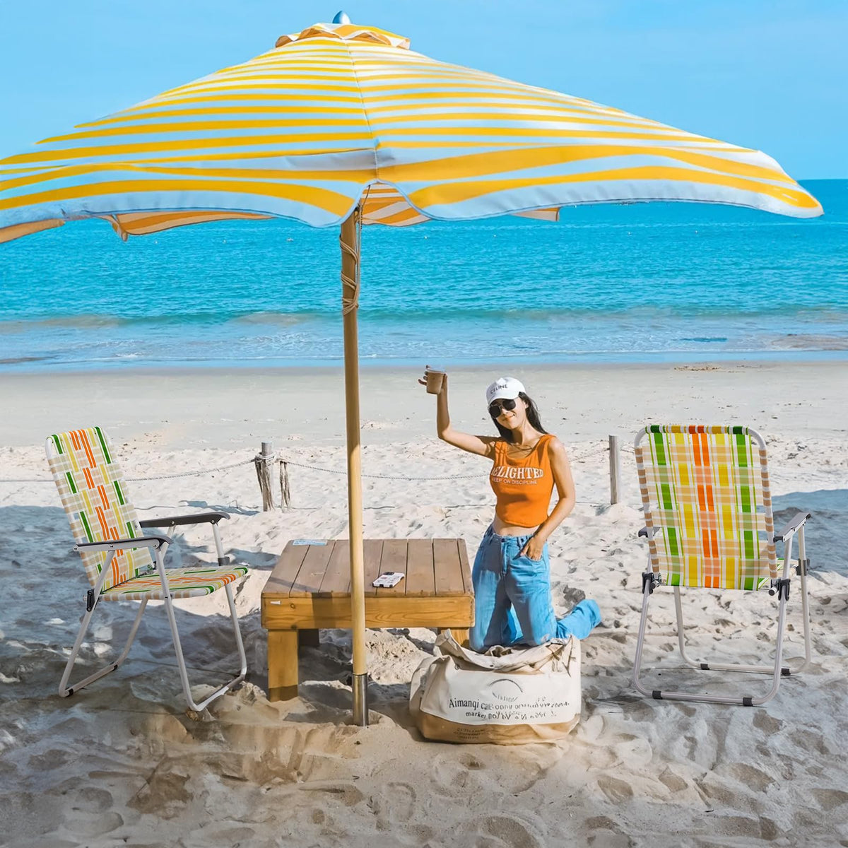 Set of 2 Webbed Folding Beach Chairs Yellow & Green I677552