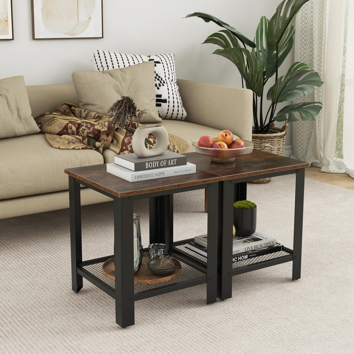 2-Tier End Table Set of 2, 16 Inch Side Table with Mesh Storage Shelf K1003