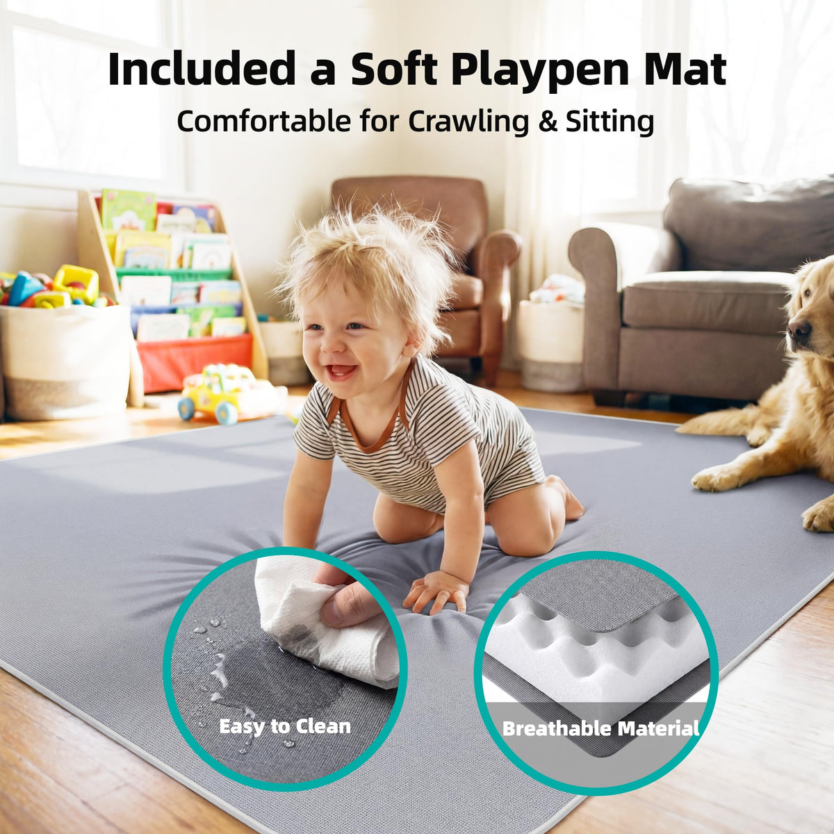 Foldable Baby Playpen with Mat, 71x59 Inches, Grey P77215