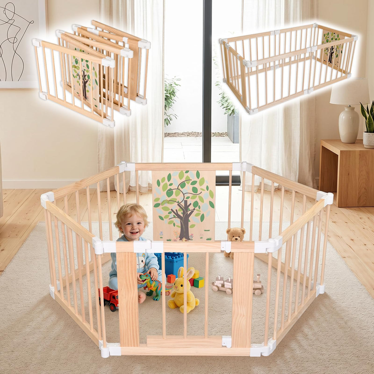 Foldable Wooden Baby Playpen with Adjustable Size and Shape B259024