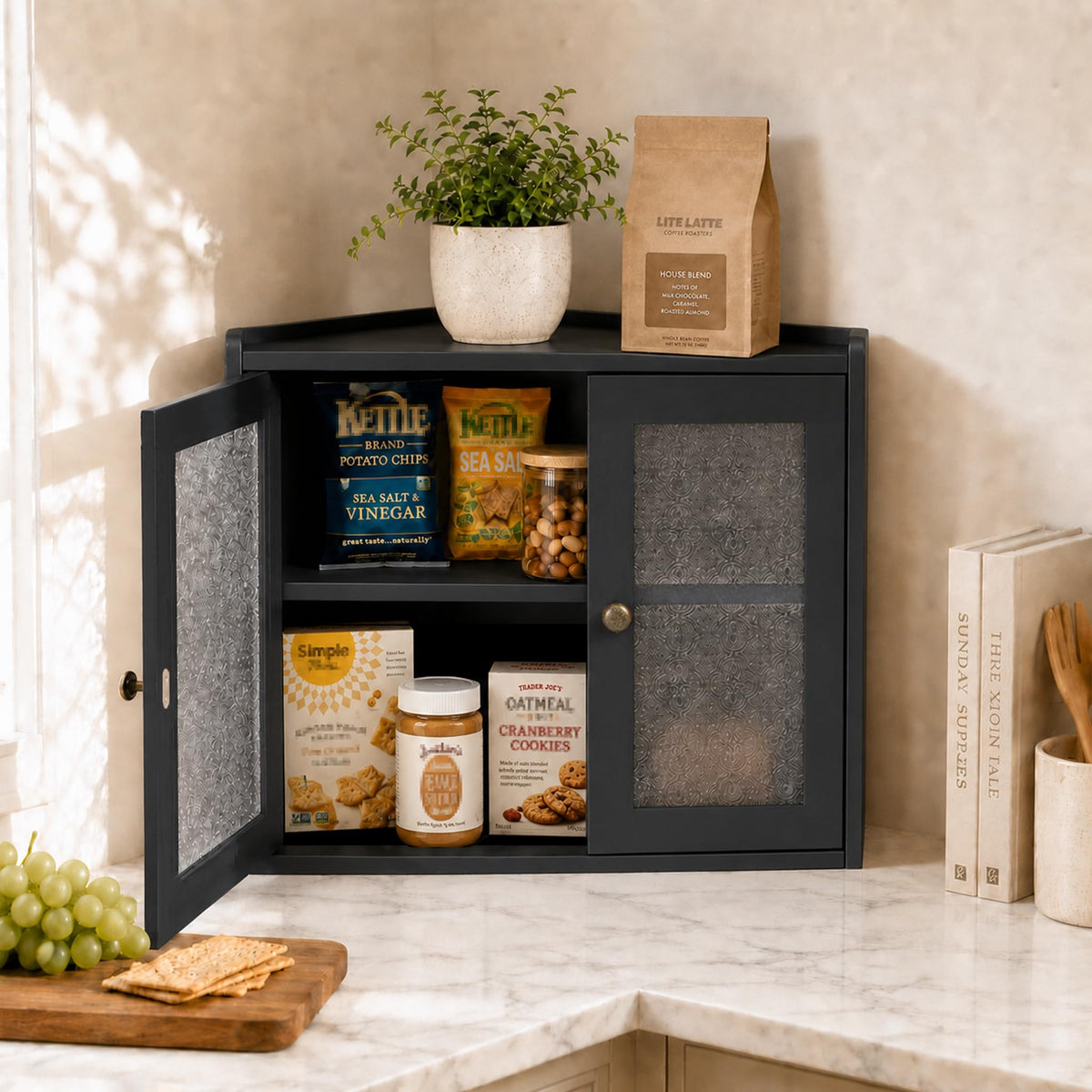 Black 2-Tier Wooden Corner Bread Box A426