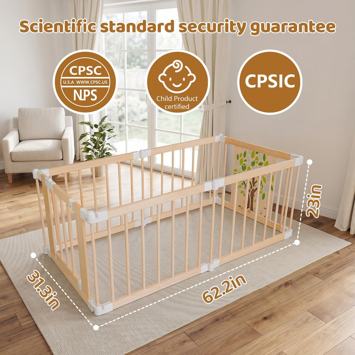 Foldable Wooden Baby Playpen with Adjustable Size and Shape B259024