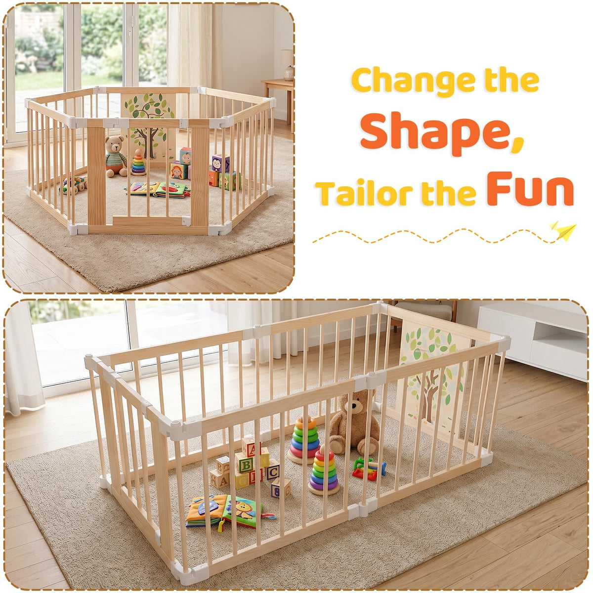 Foldable Wooden Baby Playpen with Adjustable Size and Shape B259024