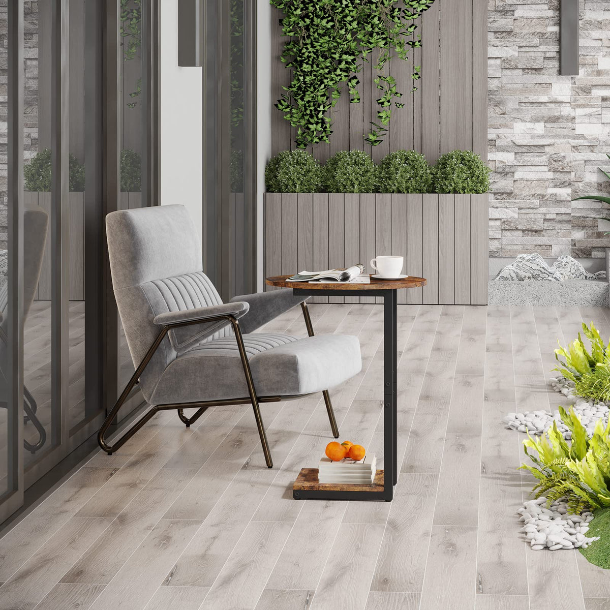 Small C-Shaped Wood Side Table Set of 2 with Metal Frame Z5769