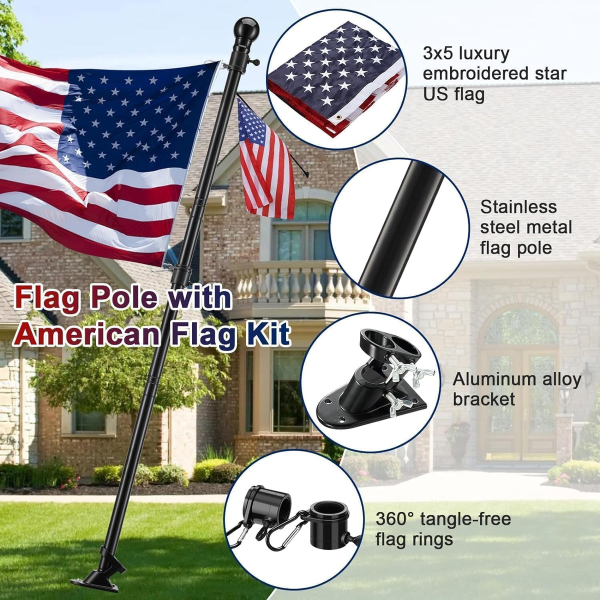 3x5 Embroidered American Flag with 5ft Flag Pole Q200761